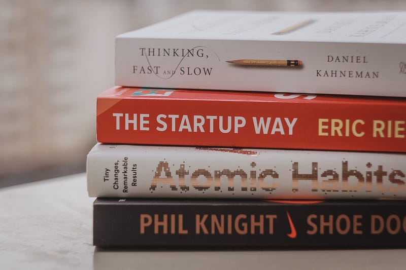 Books, self-improvement books, thinking fast and slow, the startup way, atomic habits, phil knight,  shoe dog